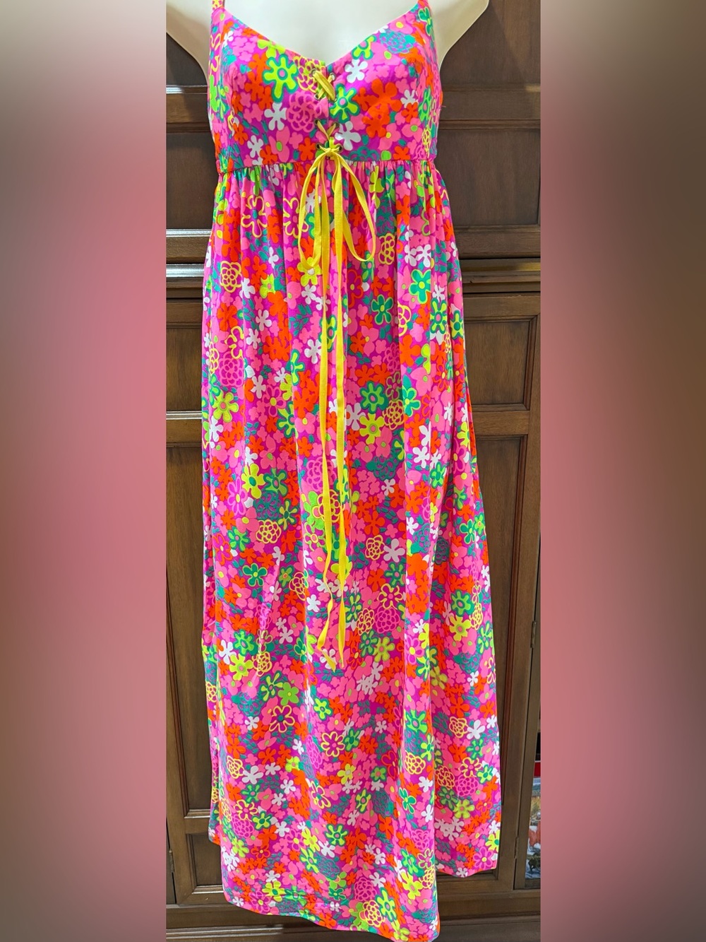 Vintage Vibrant Pink Floral lace up  Tie-Front Maxi Dress